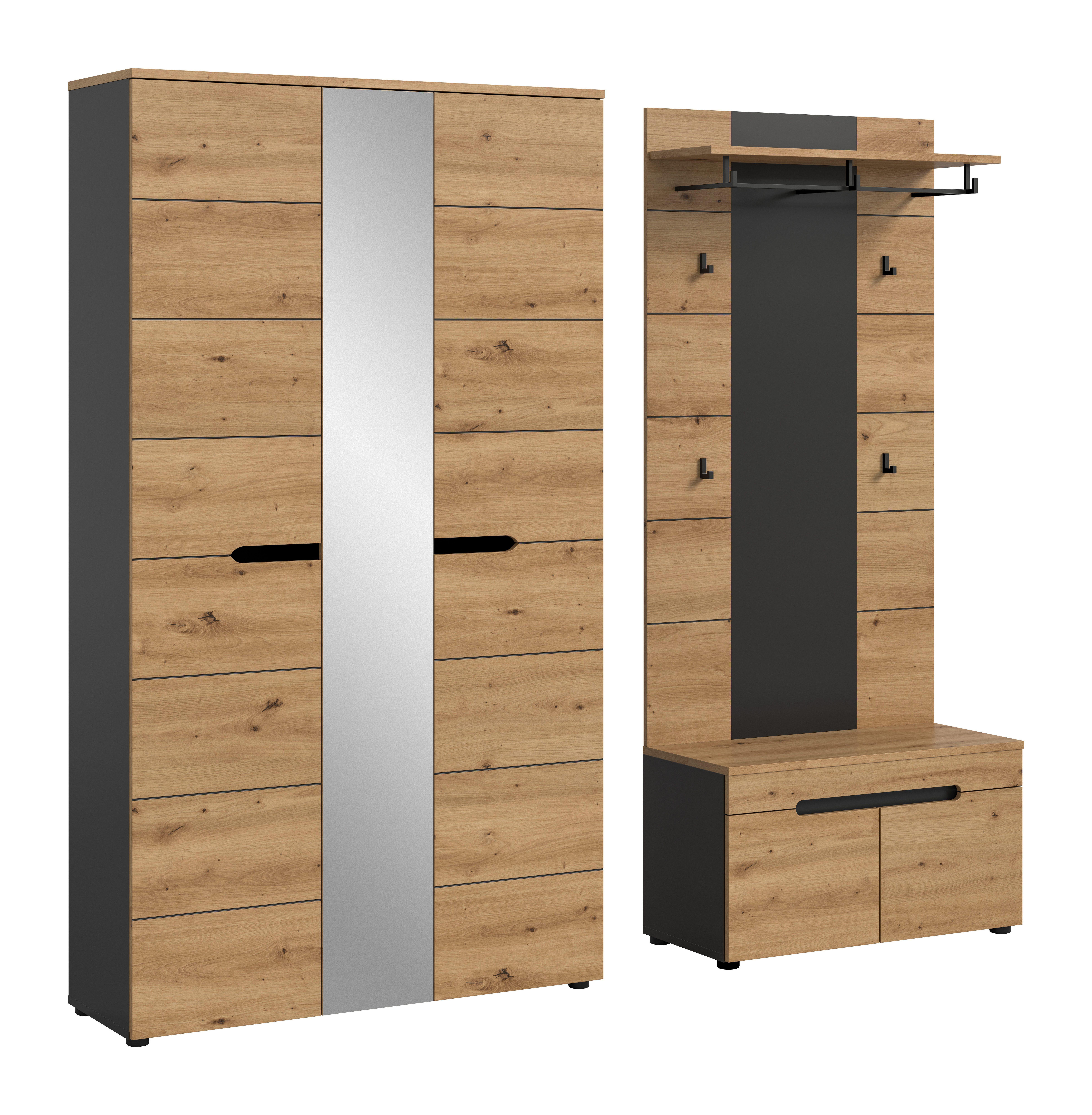 furnling Garderoben-Set Cano, (3-St., Garderobenpaneel, Garderobenschrank, Sitzbank), 1 Kleiderstange, 4 Haken, Soft-Close, MDF-Front, Breite 200 cm