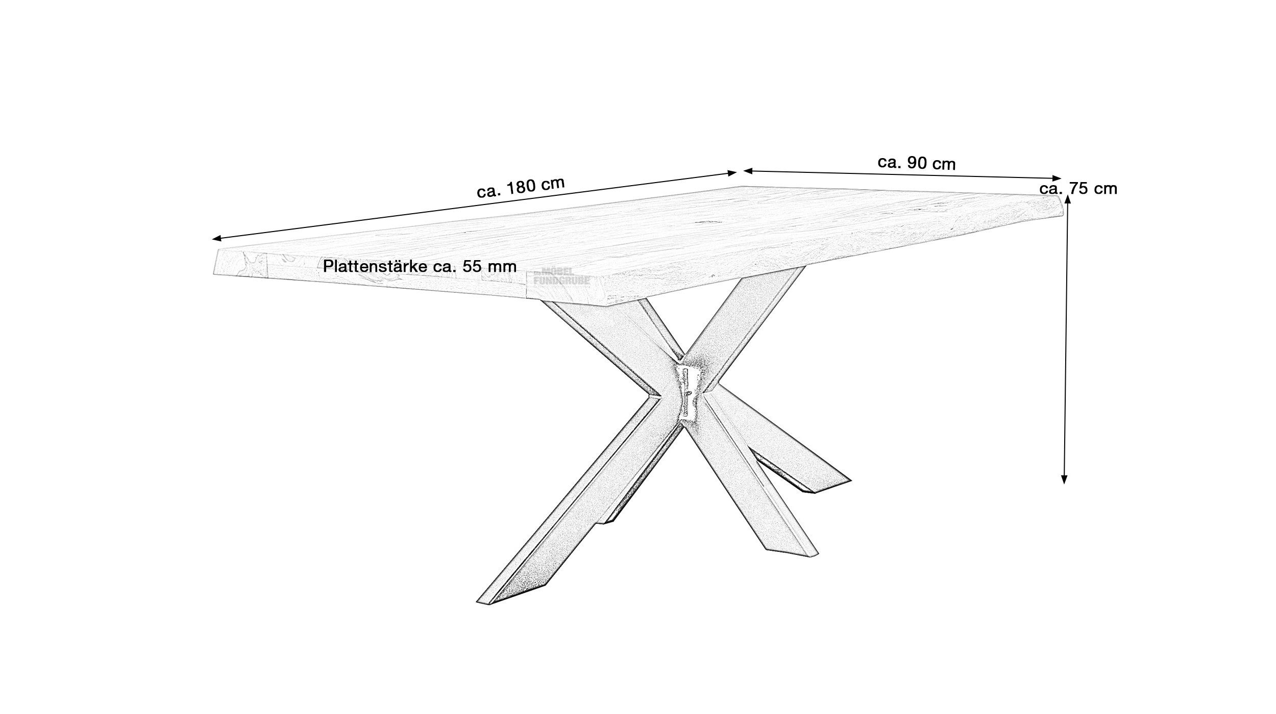 Industrial / Baumkantentisch Akazienholz Tischplatte, mm TIM Baumkante schwarz Look / X-Gestell Massivholz / Massivart® 55 /