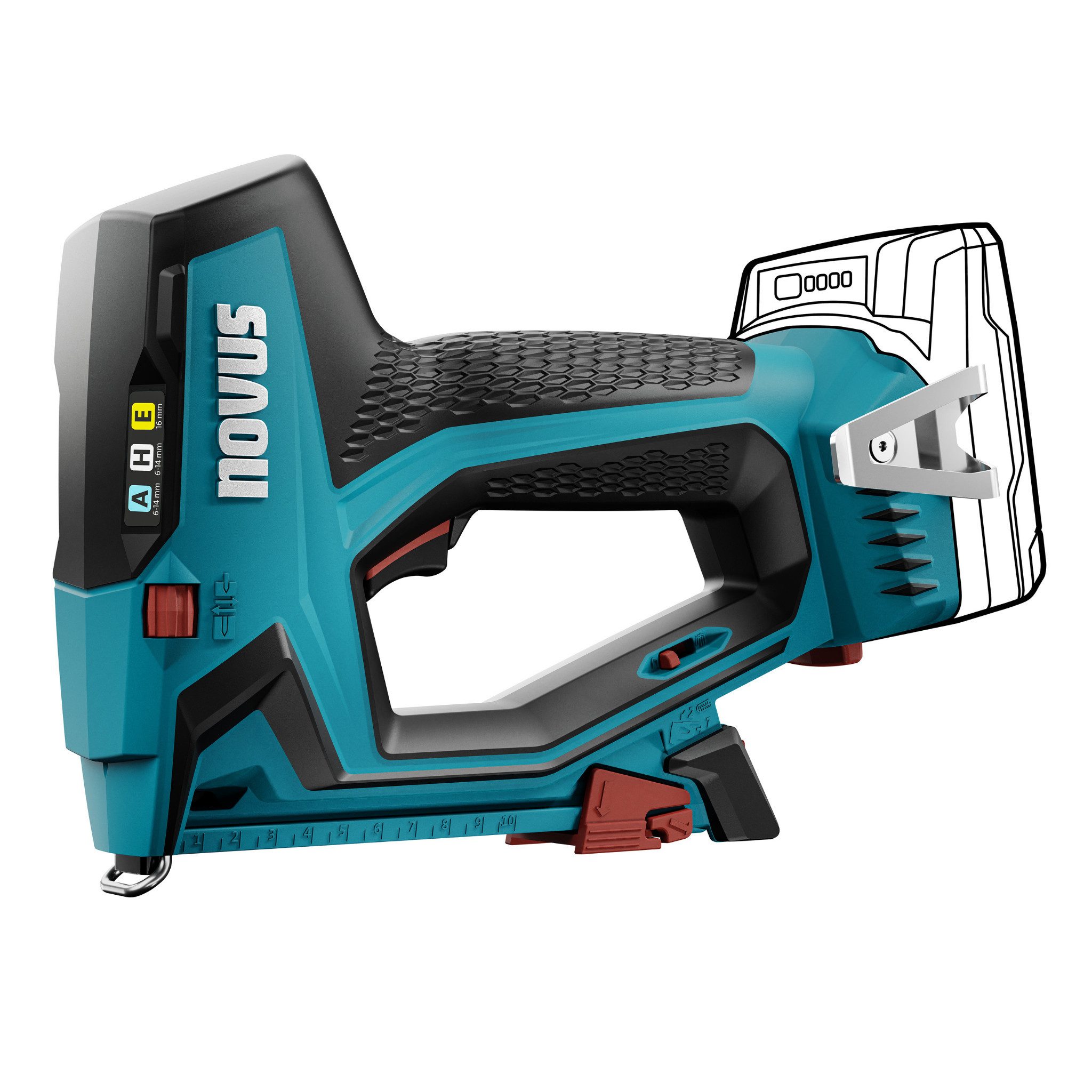 Novus Tools Akku-Tacker, (J-550, für 614 mm Feindrahtklammern und 16 mm Nägel), Für Gewebe, Stoffe & Zierleisten, 031-0363