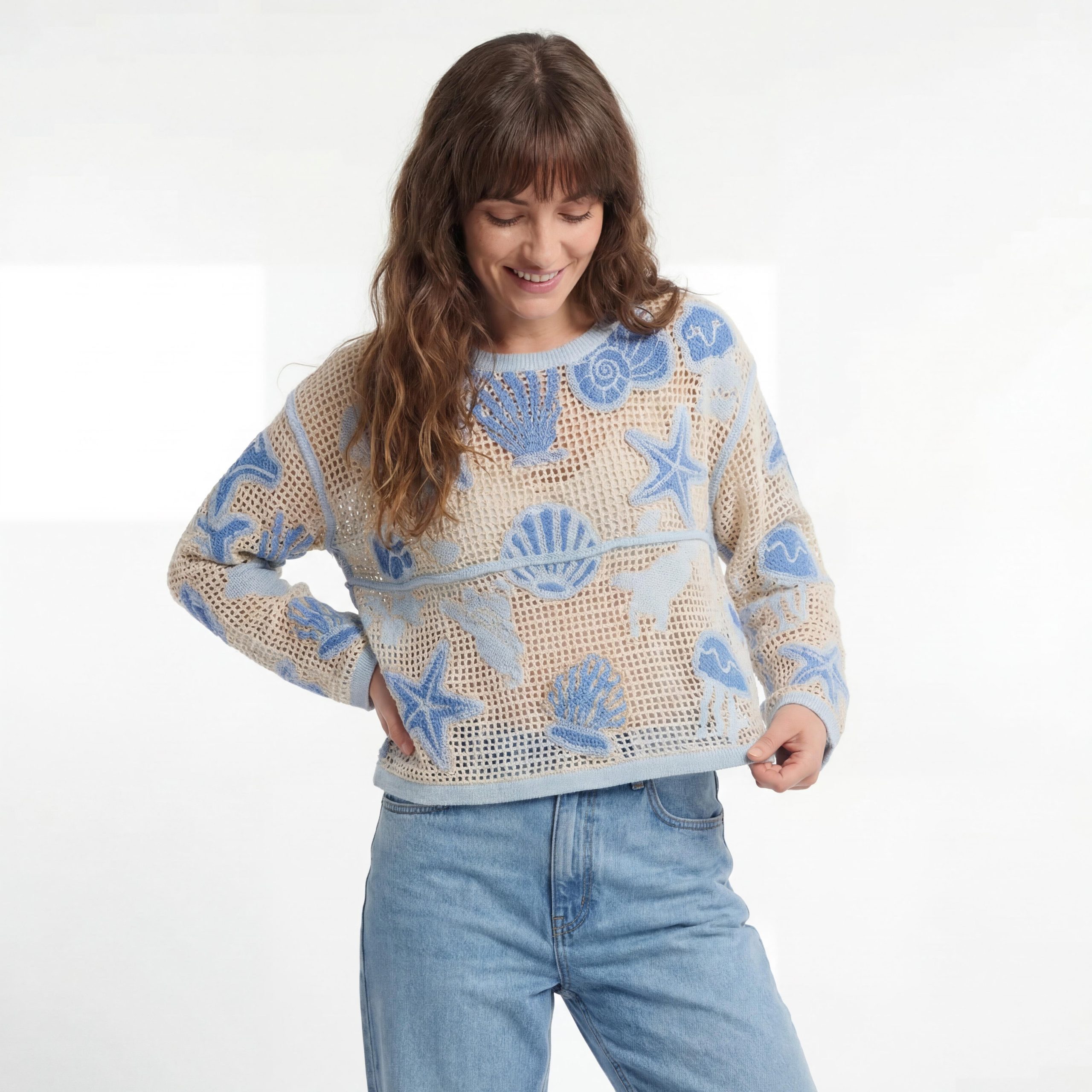 OriginalYou Strandshirt Sommer Oberteil Damen Cropped Baumwoll Shirt mit Meeresmotiven One Size 36-40, mit sommerlichen Meeresmotiven