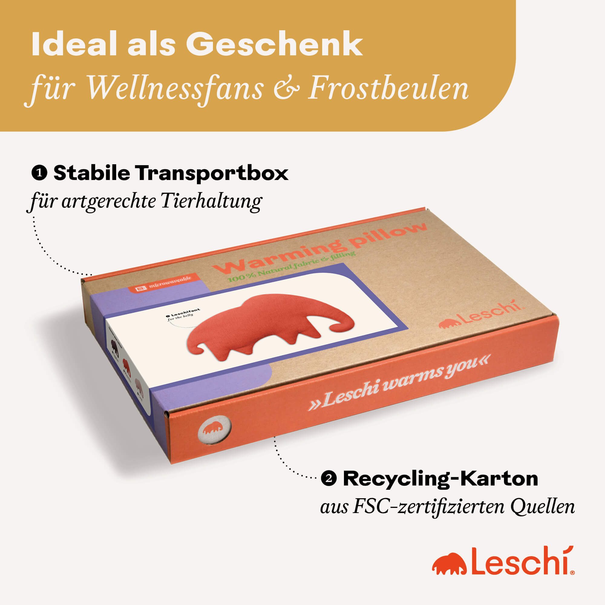 Leschi Wärmekissen für die Mikrowelle, Körnerkissen mit Bio-Weizen für den Bauch, Elefant
