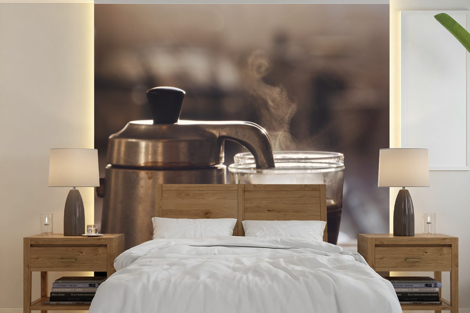Kaffee, Schlafzimmer, oder zwei Wohnzimmer Matt, bedruckt, (5 Tapete Kaffeekanne Fototapete kleine Eine Vinyl mit für Wandtapete St), Tassen MuchoWow
