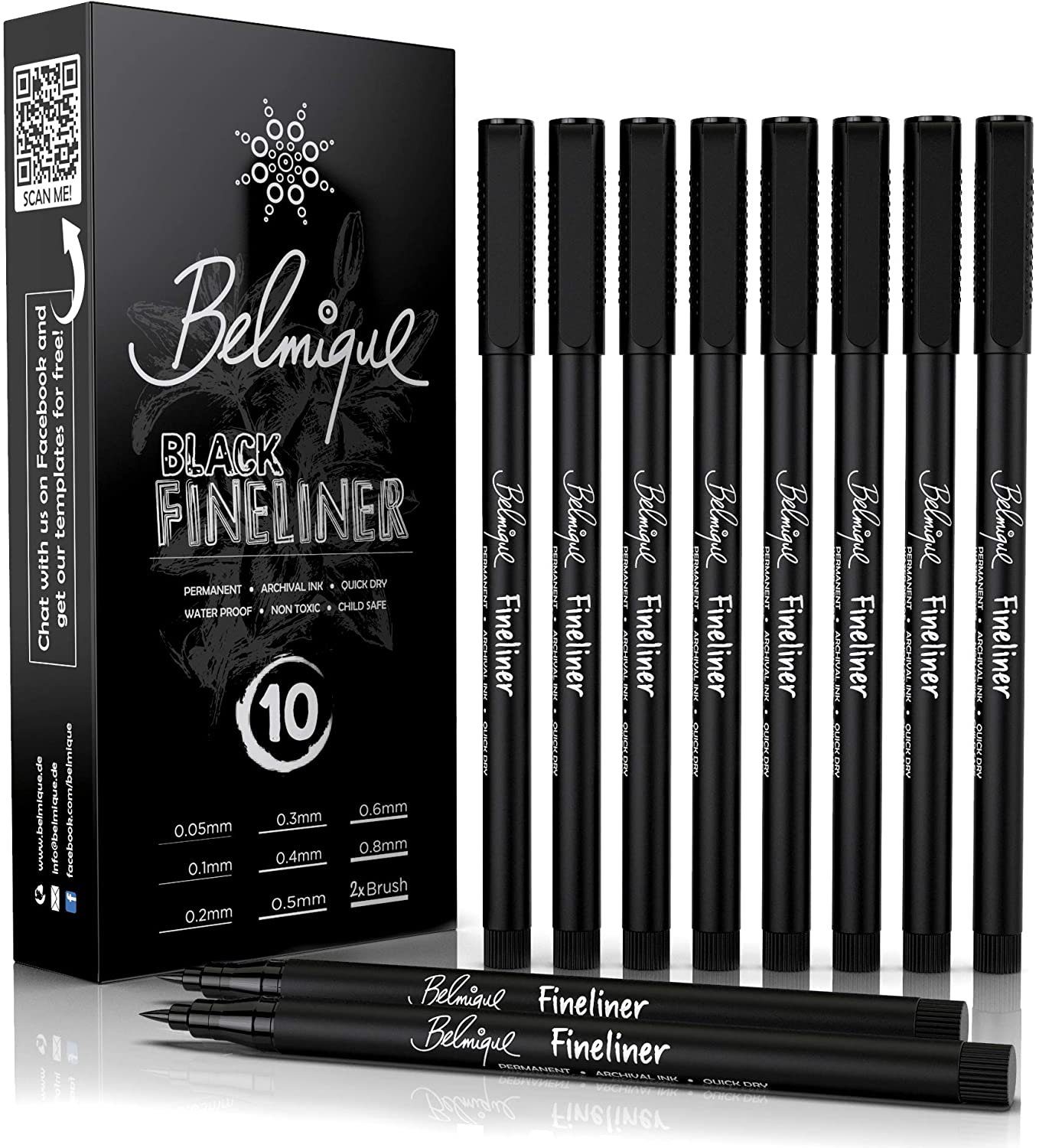 Belmique Fineliner, 10 Stück inkl. 2x Brushpens als Set, Blackliner 0,05 mm bis 0,8 mm in Schwarz. Wasserfest schnelltrocknend deckend und hochpigmentiert für Skizze, Bullet Journal