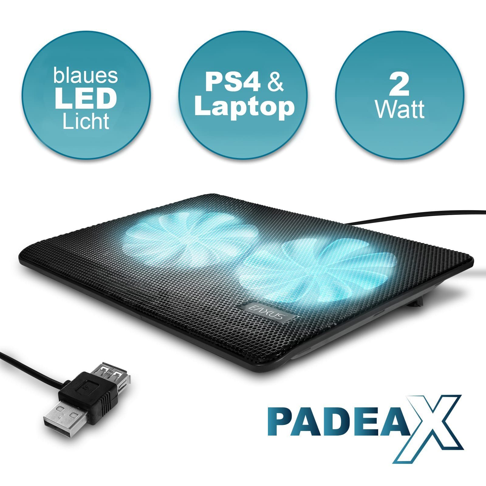 EAXUS Notebook-Kühler Padeax für & Lüfter auch Konsolen. blauer 4, mit Kühler, PS5, Laptops PlayStation weitere LED-Beleuchtung