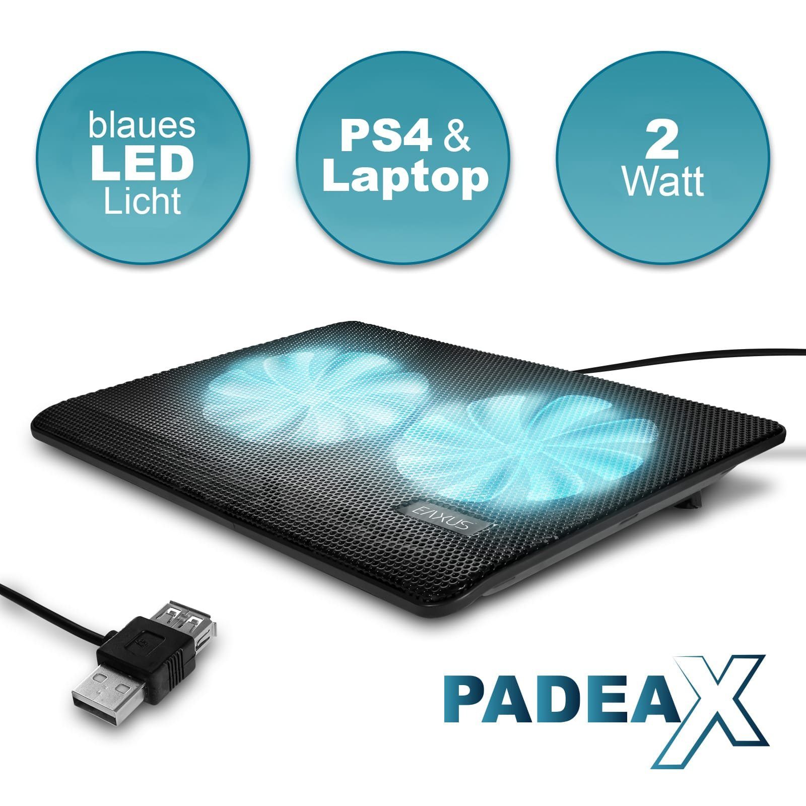 EAXUS Кулер для ноутбука Padeax für PlayStation 4, Laptops & weitere Konsolen. Lüfter Kühler, auch PS5, mit blauer LED-Beleuchtung