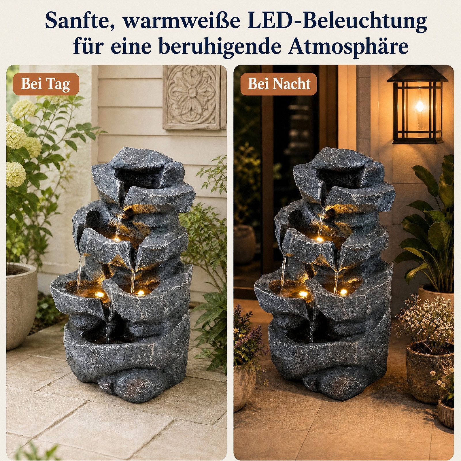 KOMFOTTEU Zimmerbrunnen 5-stufiger Felsoptik Springbrunnen Gartenbrunnen, mit LED Beleuchtung & Pumpe