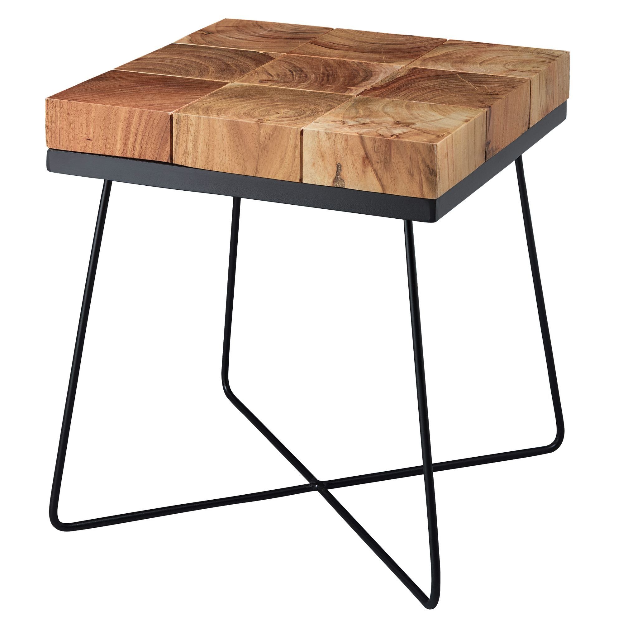 möbelando Beistelltisch Beistelltisch 45 x 45 x 51 cm Akazie Massivholz, Beistelltisch 45 x 45 x 51 cm Akazie Massivholz mit Metallgestell, Industrial Anstelltisch Quadratisch Massiv Holz Tisch Braun, Wohnzimmertisch Modern Holztisch mit Metallbeinen