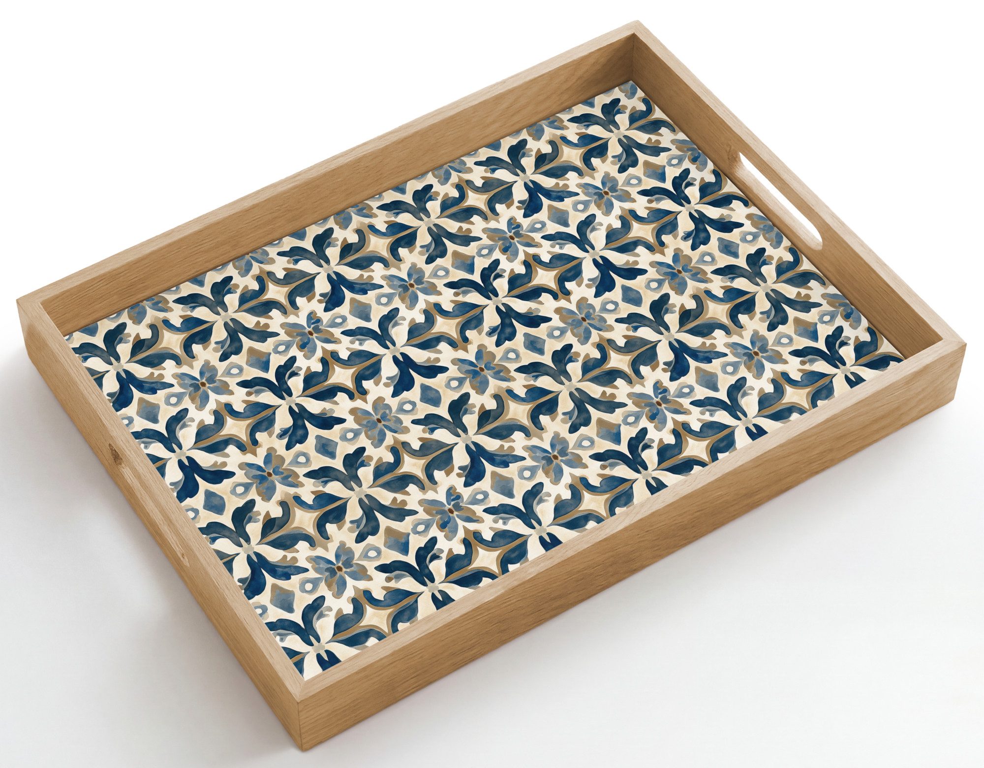 OnlyWow Tablett Rechteckig mit Henkel Fliese - Muster - Blau - Beige, Eichenholz, (1-tlg), Servierbrett Groß, Tischdeko, Platte, Tisch Deko