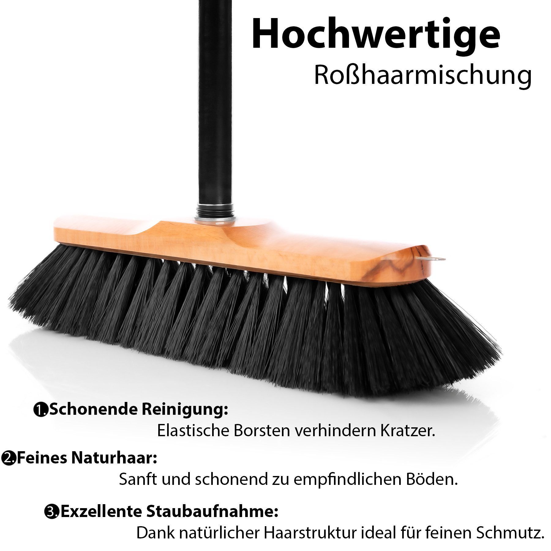 BigDean Kehrgarnitur 2 Stück Zimmerbesen mit Stiel 150 cm ausziehbar mit Rosshaar Borsten, Empfindliche Böden, (Set, 4-tlg., Besen + Teleskopstil), Effektiv, Schonend, Ergonomisch, Gründlich