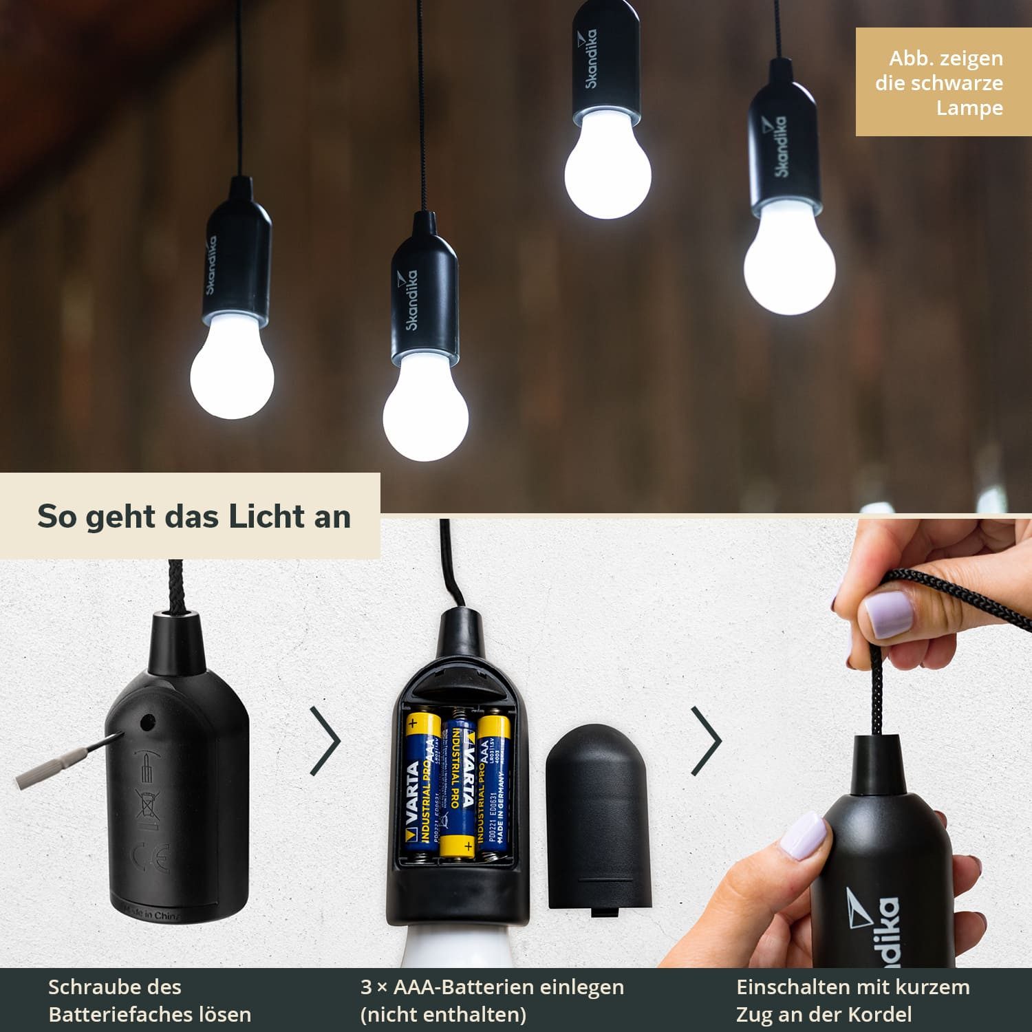 Skandika LED Gartenleuchte Campinglampe Narvik 4er-Set, hängend, tragbare Zeltlampe, Pull Light, batteriebetriebene Glühbirne mit Zugschalter, Outdoor, Keller, Garage