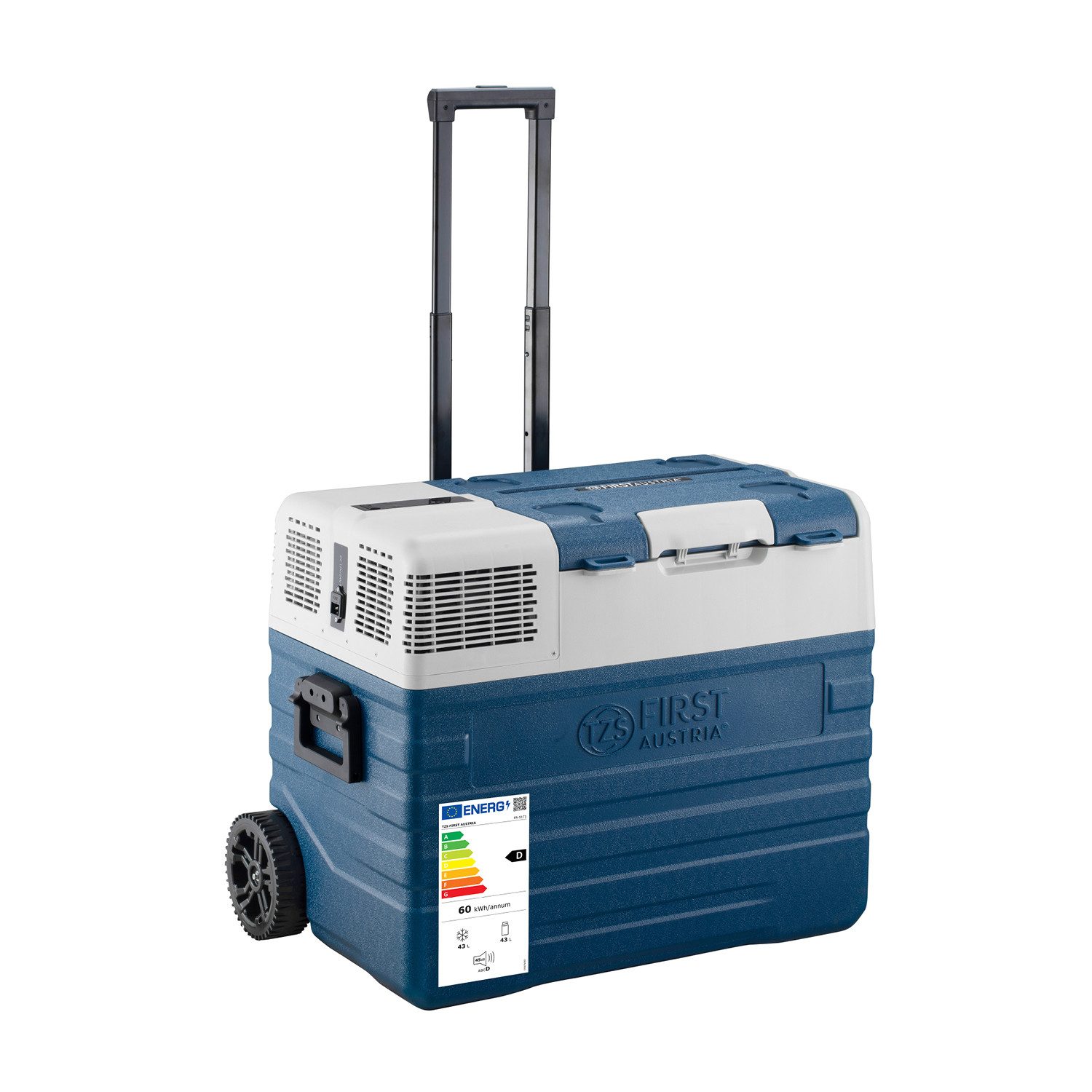 TZS FIRST AUSTRIA Elektrische Kühlbox Kompressor Kühlbox, 43 L, -20°C bis +20°C, Trolleyfunktion, MAX/ECO, Innenbeleuchtung, USB-Anschluss, Display oder App, Tragegriffe