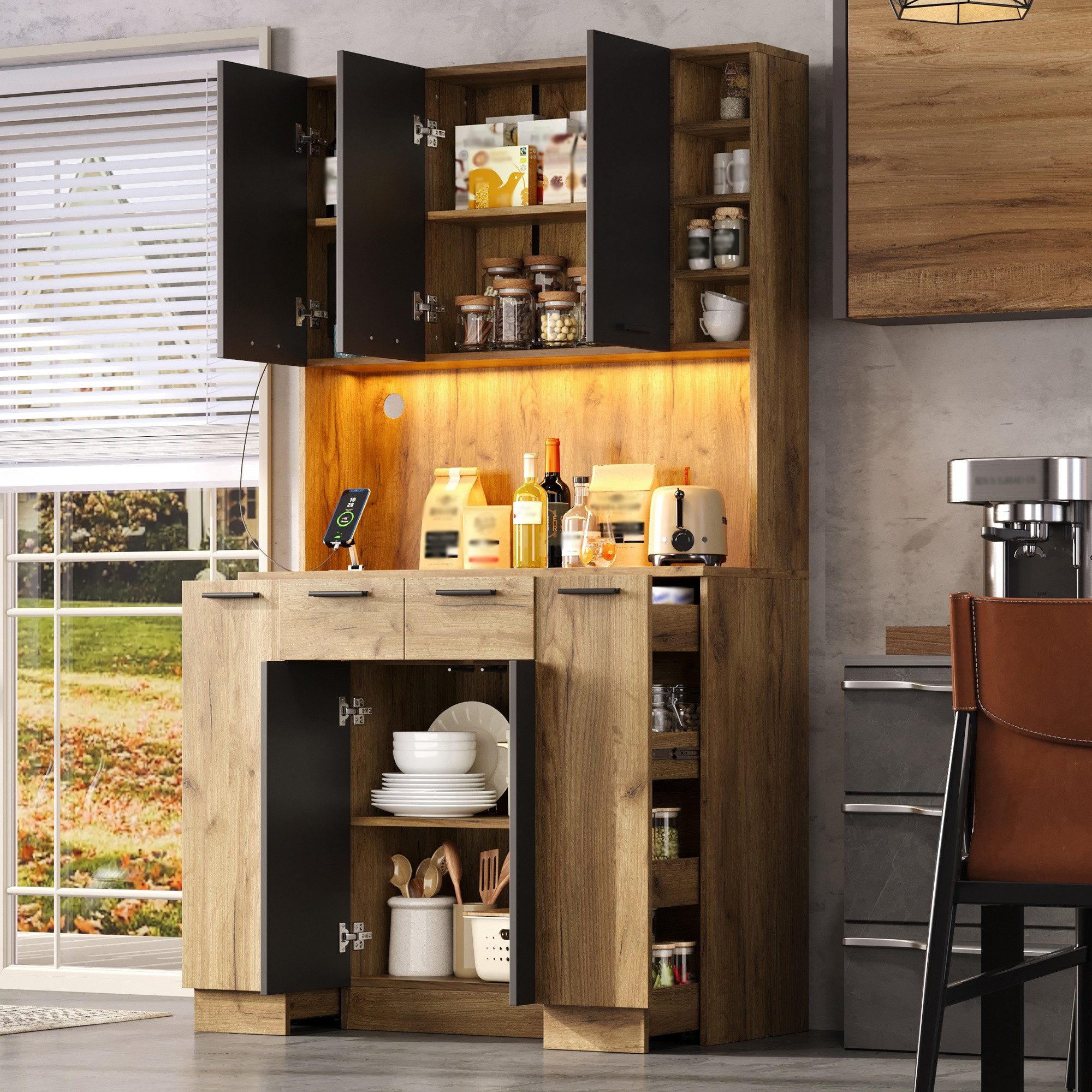 Flieks Küchenbuffet Hochschrank mit LED-Beleuchtung, Steckdose, 4-stöckiges Ausziehablagen (B100/T40/H180 cm, 1-St) Mehrzweckschrank Küchenschrank mit verstellb – Bild 4 von 5