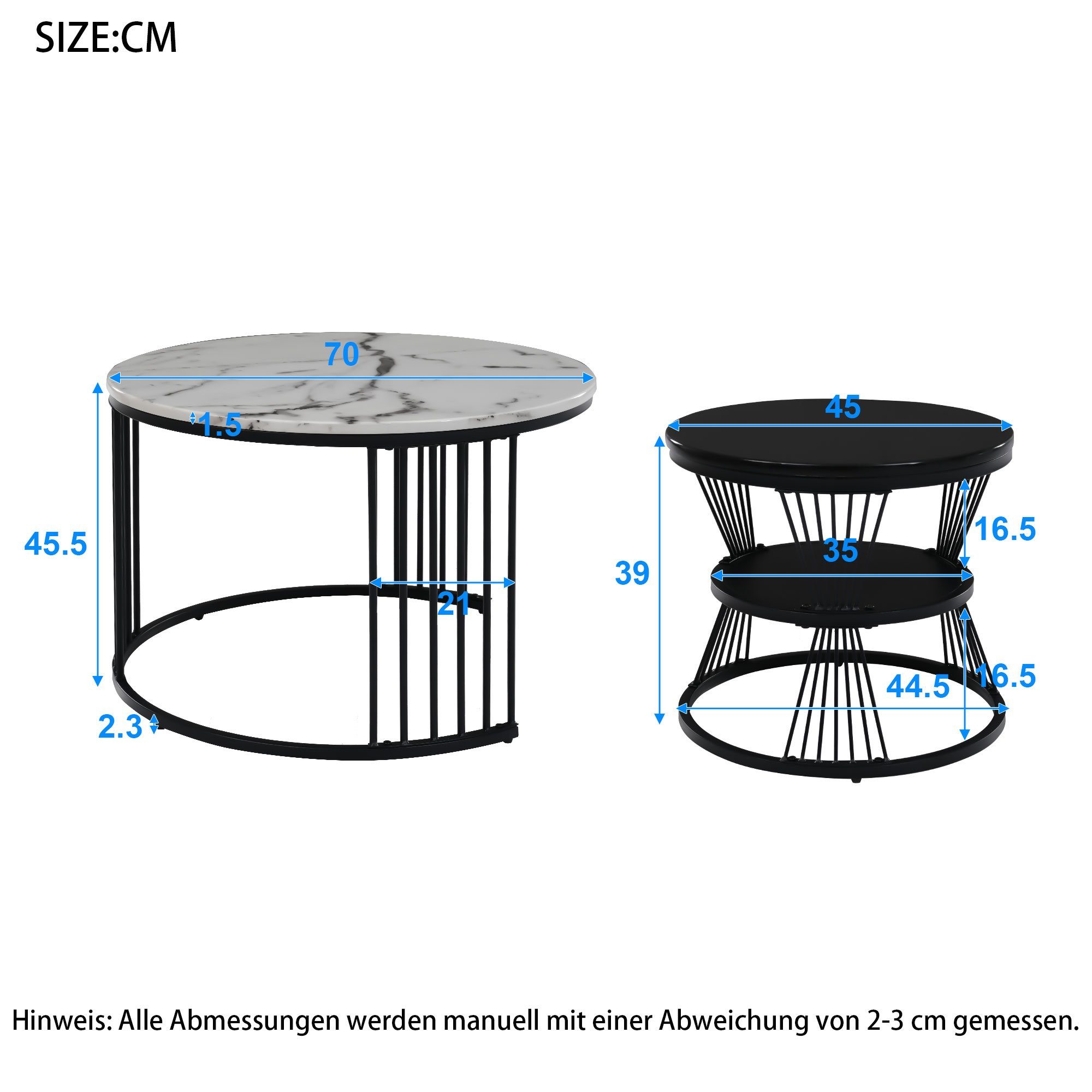 mit in Merax Couchtisch rund Metallrahmen Marmoroptik Beistelltisch drei Set), mit Satztisch Ablagen, (2er