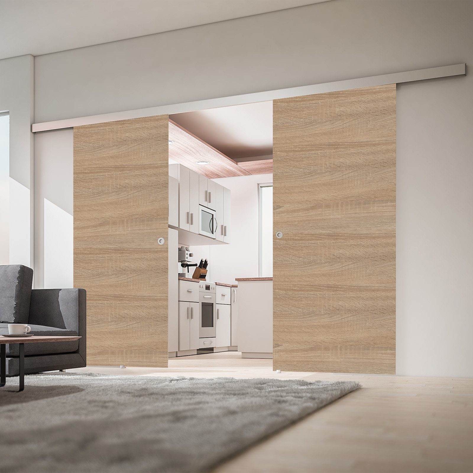 inova wohnen Doppelschiebetür Holzschiebetür Wildeiche, Größenauswahl (Komplett Set, inkl. Schienensystem und Griff), Softclose-Funktion wählbar