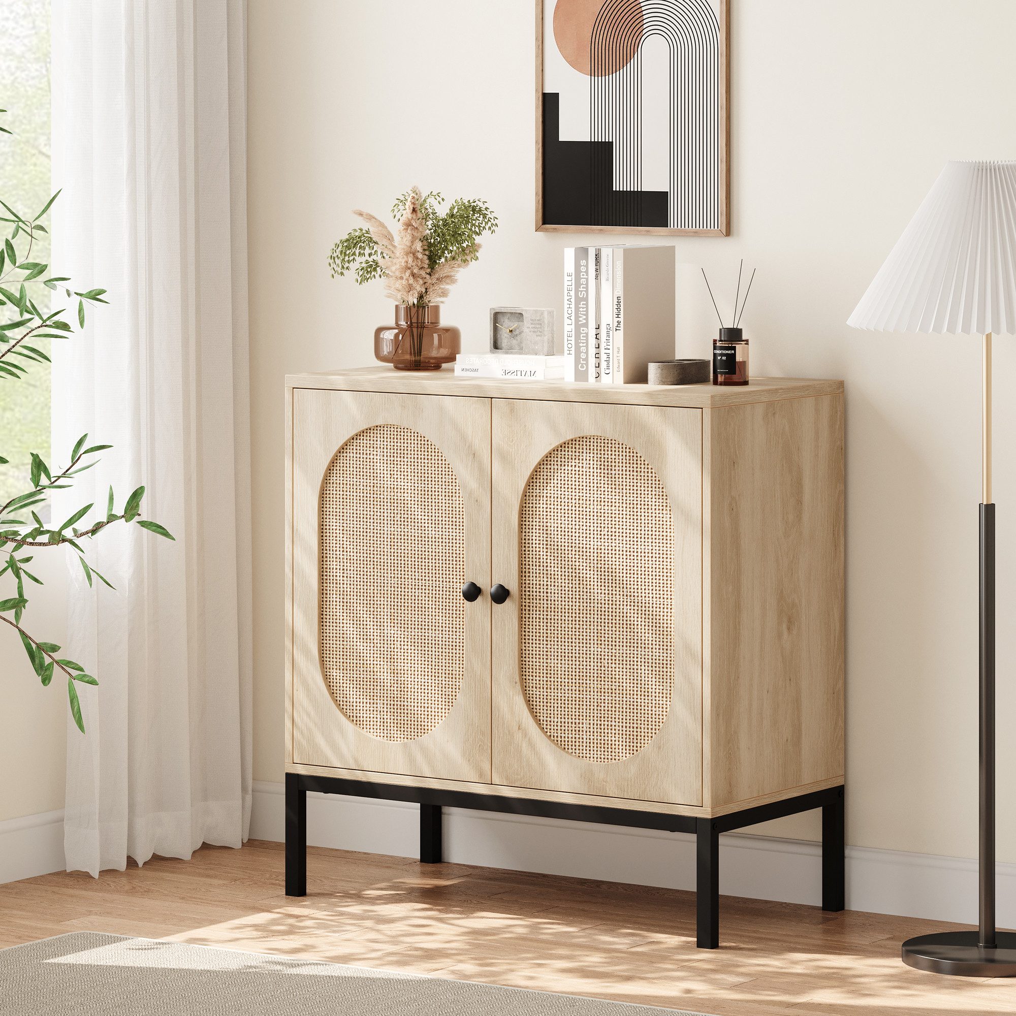 GarveeMore Sideboard Küchenschrank,mit 2 Türen aus Rattan, Kommode,mit Einl günstig online kaufen