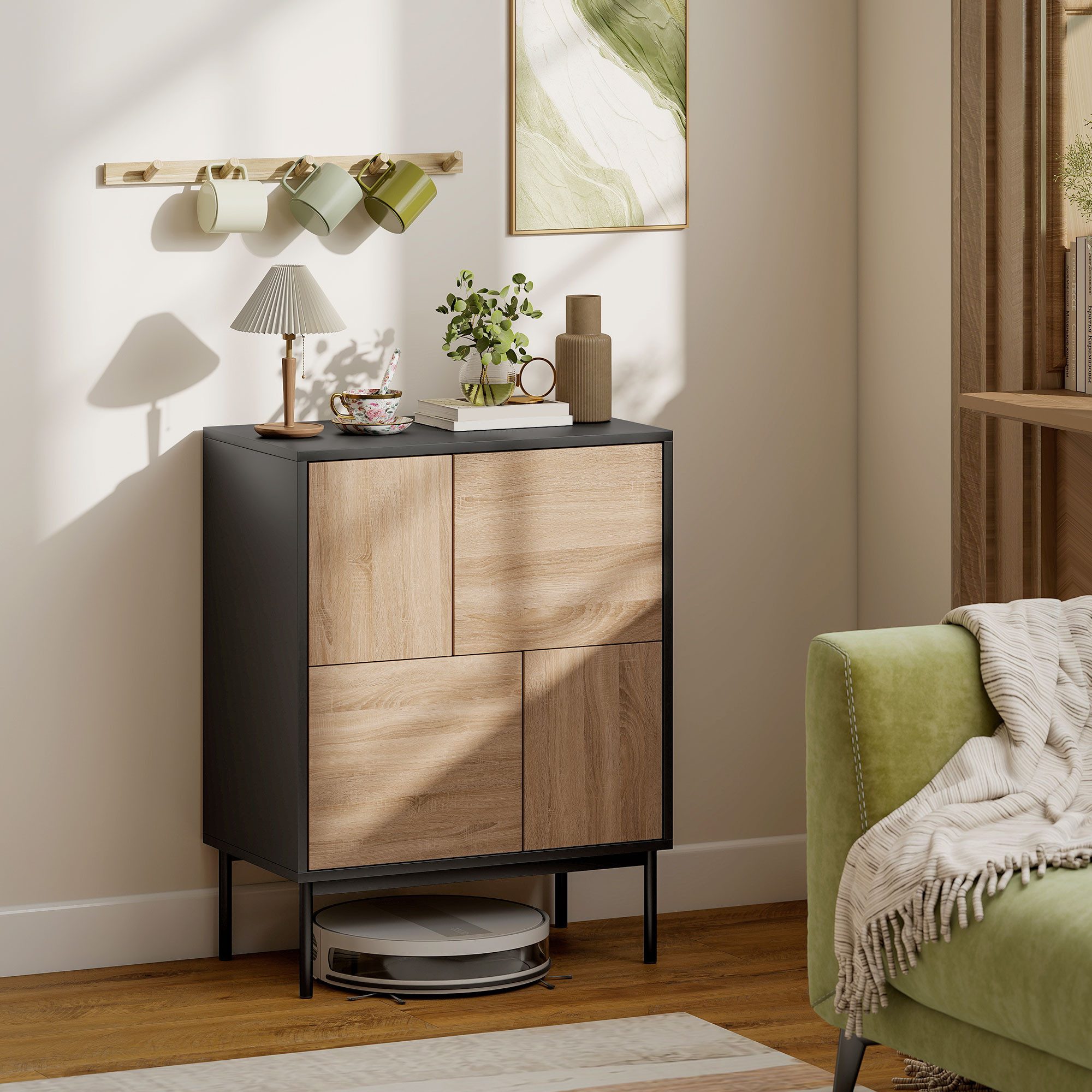 HOMCOM Sideboard Küchenschrank Buffetschrank mit Push-to-Open-Türen, Metallbeinen (Kommode, 1 St., Aufbewahrungsschrank), für Küche, Esszimmer, Wohnzimmer, Schwarz+Naturholz