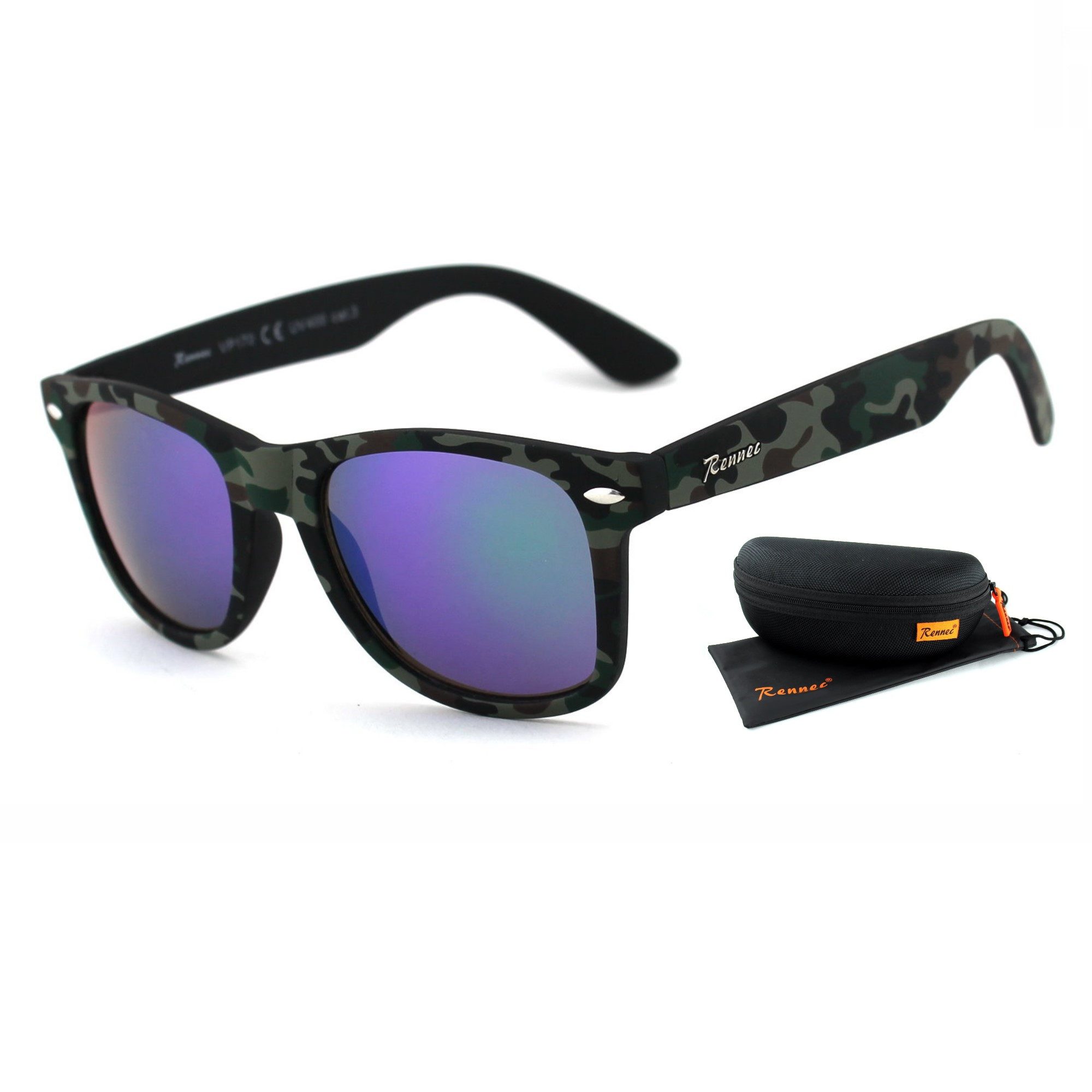 Rennec Sonnenbrille (Outdoor Markenbrille Camoflage mit Brillenbox) Tarnfarben Retro Brille Getönt oder Verspiegelt