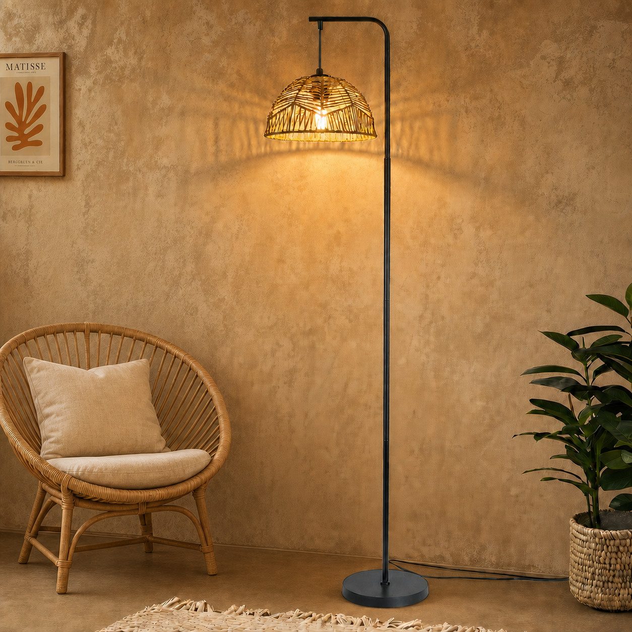 Nettlife Stehlampe Schwarz Vintage rattan Boho Standleuchte Fußschalter 164cm Bogenlampe, ohne Leuchtmittel, Leselampe für Schlafzimmer Terrasse Büro - E27 Fassung