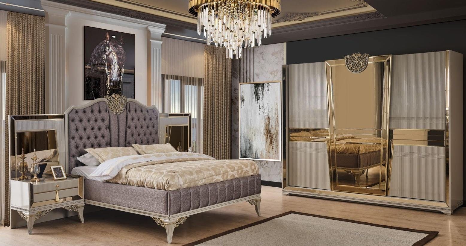 Schlafzimmer-Set Doppelbett Bett Garnitur Schlafzimmer Grau Nachttische Holz Set 4tlg