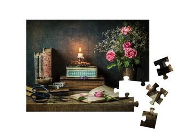puzzleYOU Puzzle Stillleben mit alten Büchern, Boxen und Rosen, 48 Puzzleteile, puzzleYOU-Kollektionen Stillleben