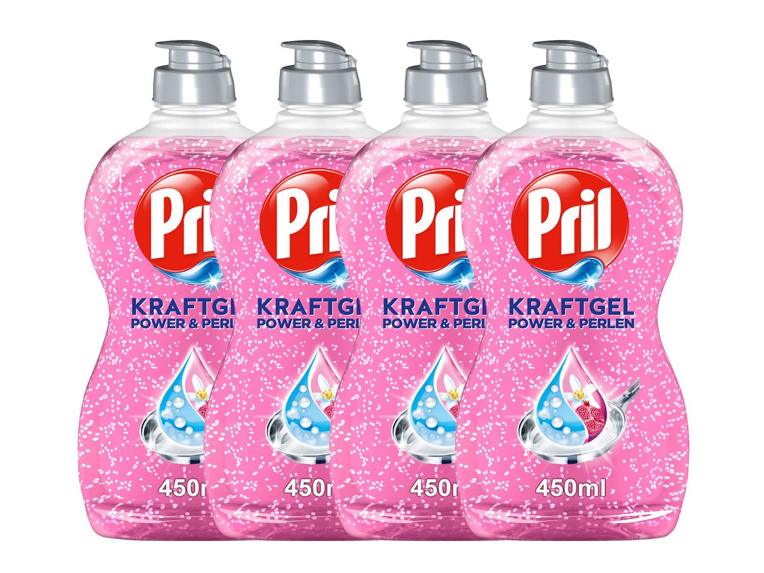 PRIL Kraftgel Power & Perlen Granatapfel & Orangenblüte 4x 450ml Geschirrspülmittel (Spar-Pack, [4-St. mit höchster Fettlösekraft für sauberes Geschirr)