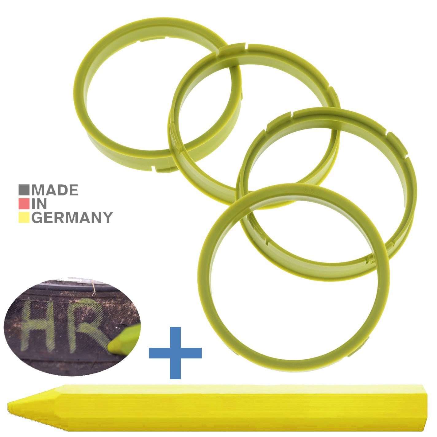 Felgen Gelb 4X Reifenstift Zentrierringe Maße: x 1x RKC Stift, 73,1 66,1 mm Reifen + Fett Ringe Kreide