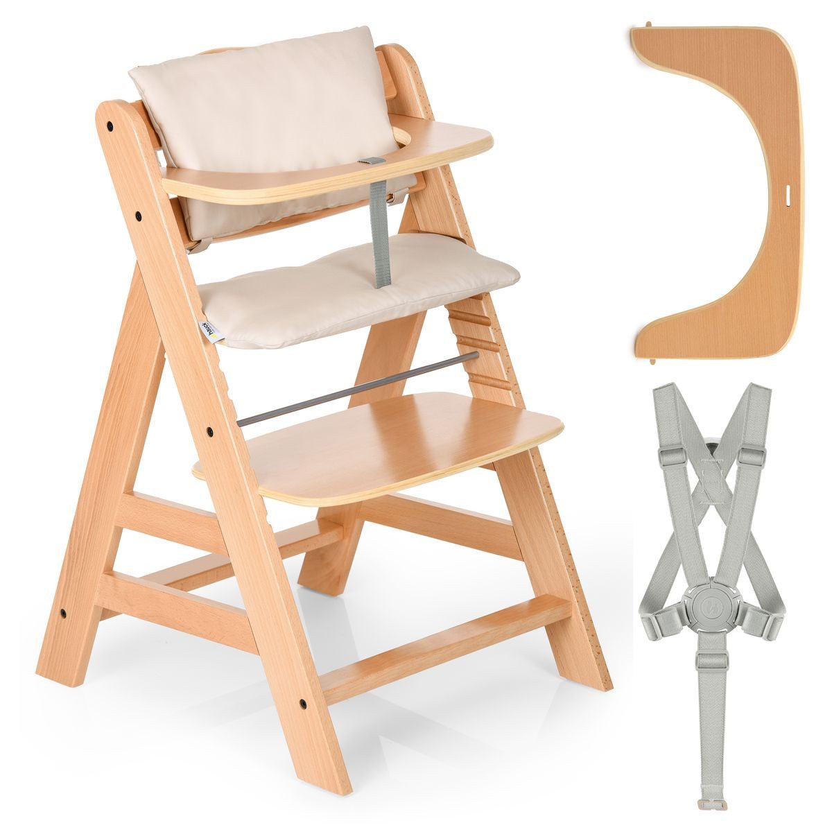 Hauck Hochstuhl Alpha Plus Set - Natur, Mitwachsender Holz Kinderhochstuhl ab 6 Monaten mit Sitzauflage & Gurt