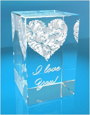 VIP-LASER Dekofigur 3D Glasquader I verziertes Herz I love You!, Hochwertige Geschenkbox, Made in Germany, Familienbetrieb