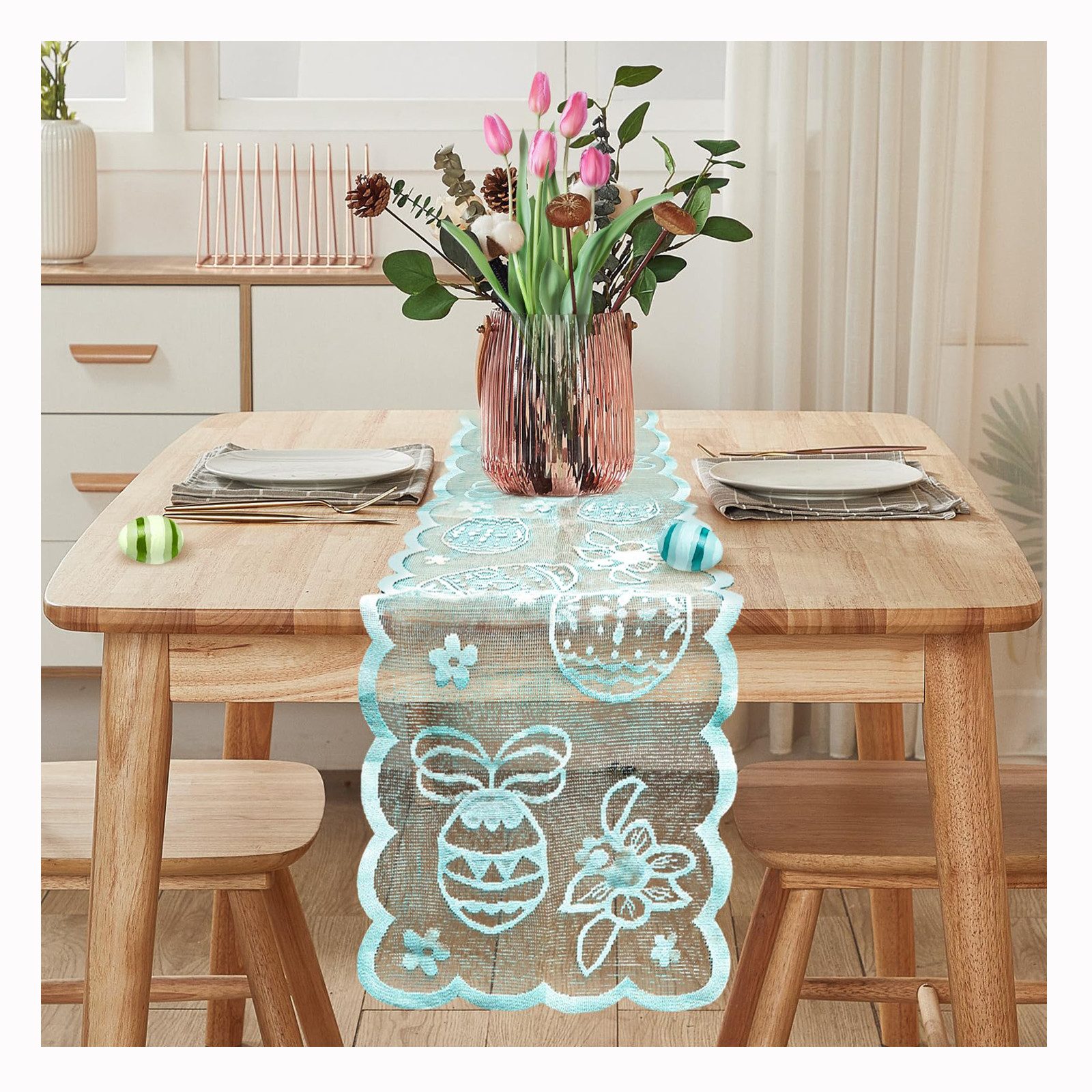 CLTYQ Tischdecke Easter Lace Table Cloth Runner, Ostertischläufer 183*33CM, Kaninchen, Esstisch Dekoration,für die Drinnen Urlaub Party Dekor,Wohnzimmer