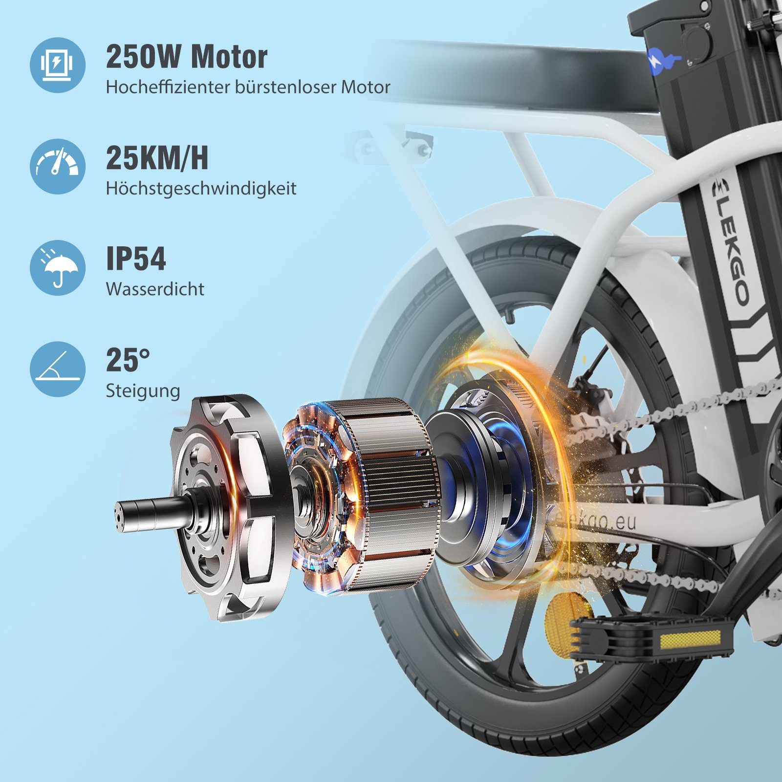 250W mit Elektrofahrrad Batterie 35-70km, Weiß 16 Heckmotor 8.4Ah bis 36V 1 Zoll ELEKGO Gang, Klapprad E-Bike