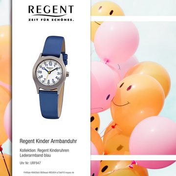 Regent Quarzuhr Regent Kinder-Armbanduhr blau Analog F-947, (Analoguhr), Kinder Armbanduhr rund, klein (ca. 26mm), Lederarmband