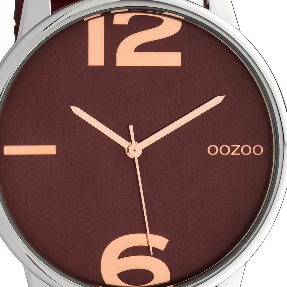 OOZOO Quarzuhr Oozoo Damen Armbanduhr weinrot Analog, Damenuhr rund, groß  (ca. 45mm) Lederarmband, Fashion-Style