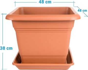 Centi Pflanzkübel Blumentopf Gross XXL, Pflanzkübel Groß Außen mit Untersetzer (Set, 2 St., eckick 48cm x48cm, Made in DE), Pflanzentopf Kunststoff Terracotta, Pflanzkübel