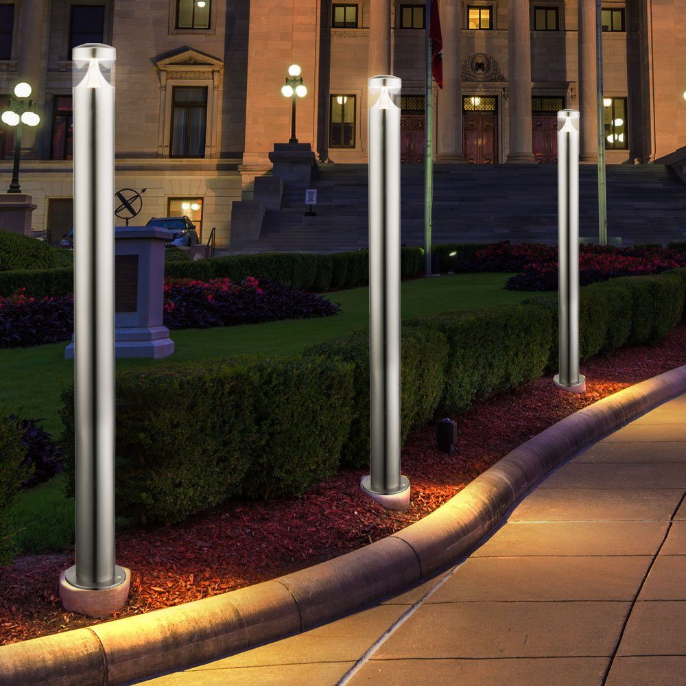 LED verbaut, Steh LED Leuchten Außen-Stehlampe, Warmweiß, 3x etc-shop Sockel Edelstahl Stand Außen LED-Leuchtmittel fest Lampe Garten