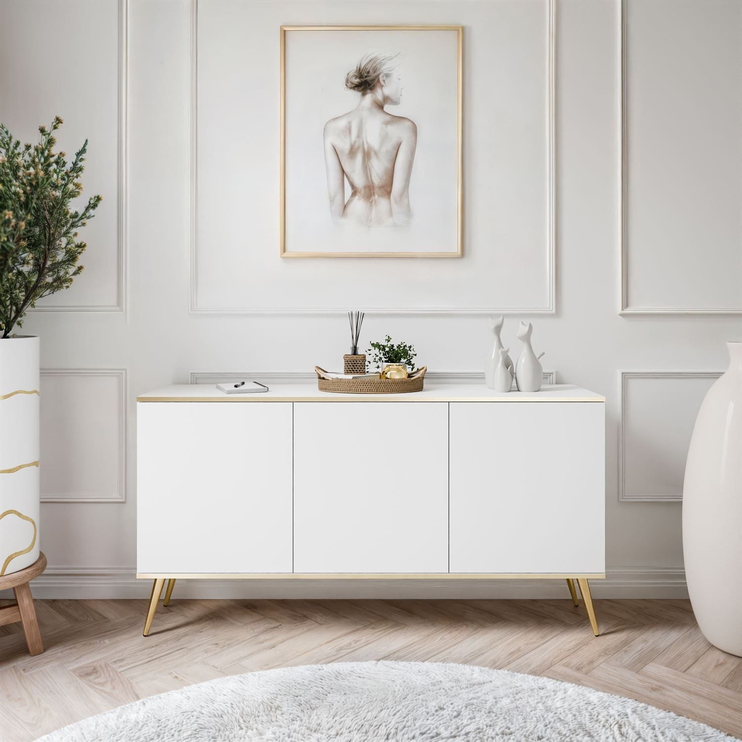 Kommode SENSO 160 cm dreitüriges Sideboard gold Metall Füße