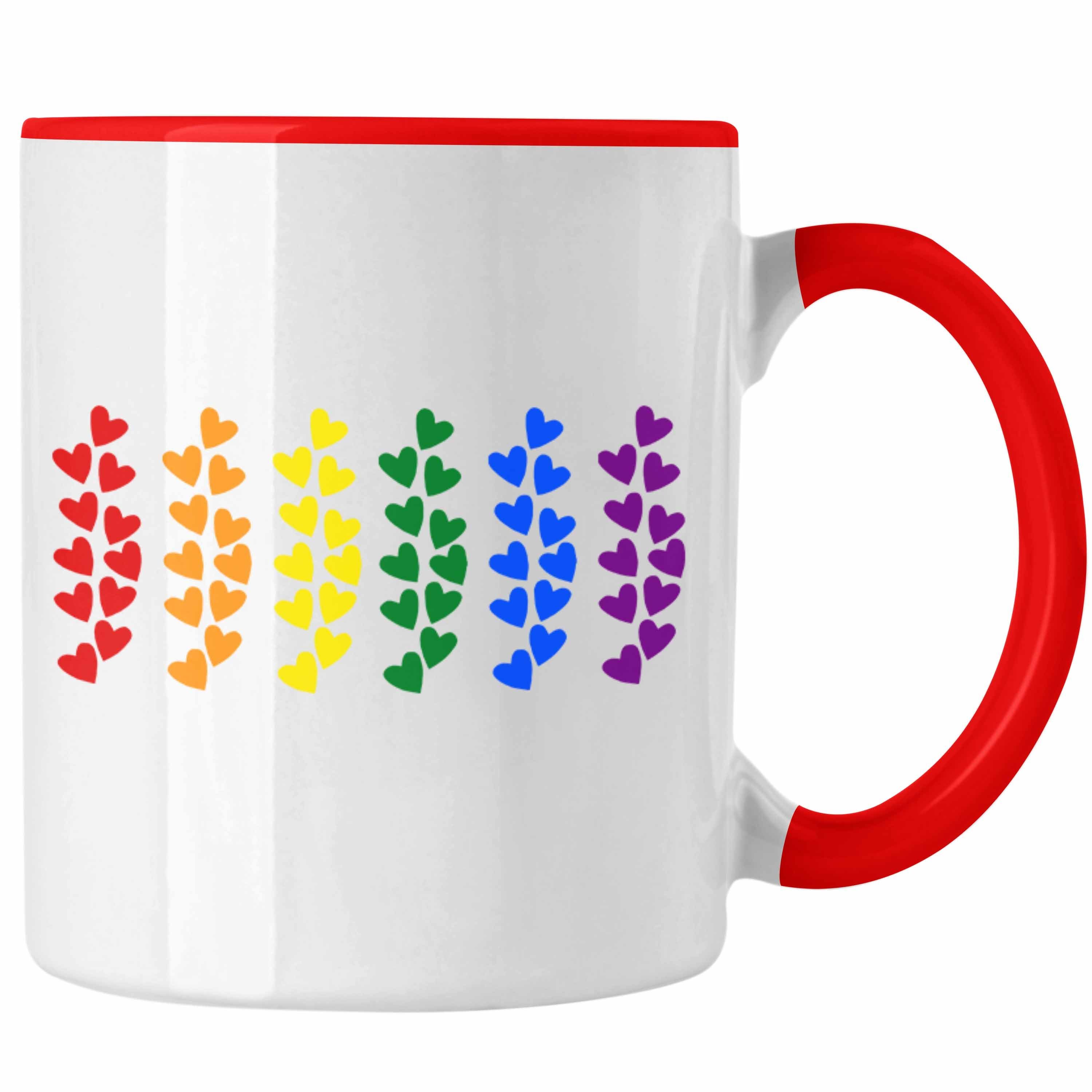 Trendation Tasse Trendation - Regenbogen Tasse Geschenk LGBT Schwule Lesben Transgender Grafik Pride Herzen Flagge Rot