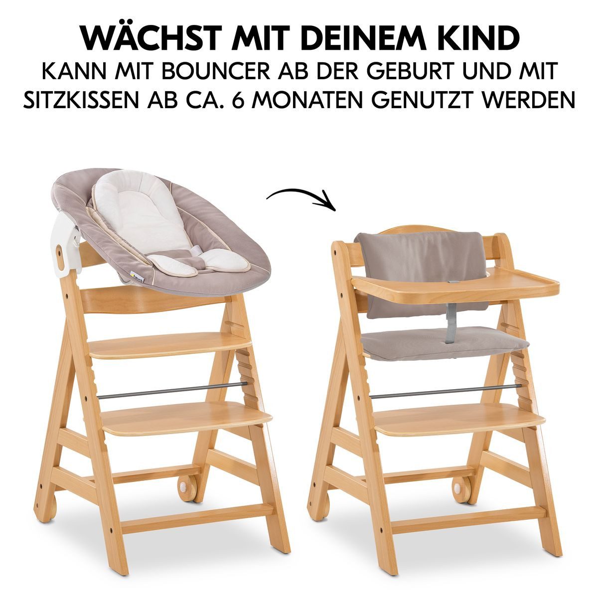 Hauck Hochstuhl Alpha Move Newborn Set - Natur, Holz Babystuhl ab Geburt mit Neugeborenenaufsatz, Sitzkissen, Essbrett
