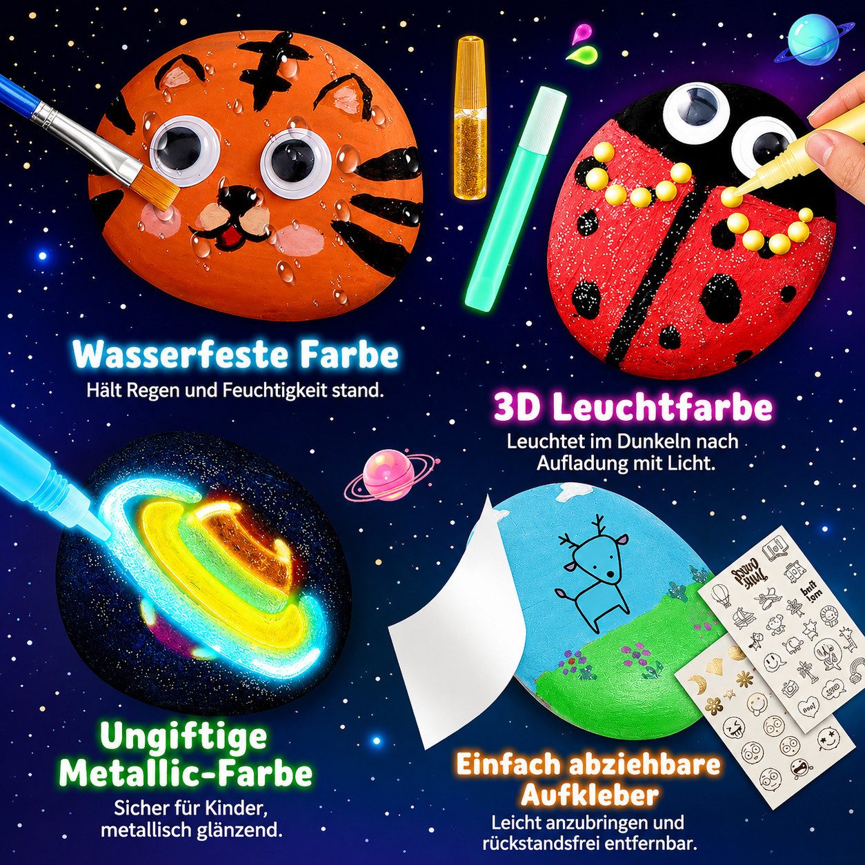 Wootoy Kreativset Steine-Bemalset Experimentierkasten 12 Steine zum Bemalen DIY Set, (mit Leuchtfarben Glitzerkleber Stickern und Kreativzubehör, 1-tlg., Glow-in-the-Dark-Farben erzeugen beeindruckende Leuchteffekte), Attraktive Geschenkidee für kreative Kinder Bastelprojekte Geburtstage