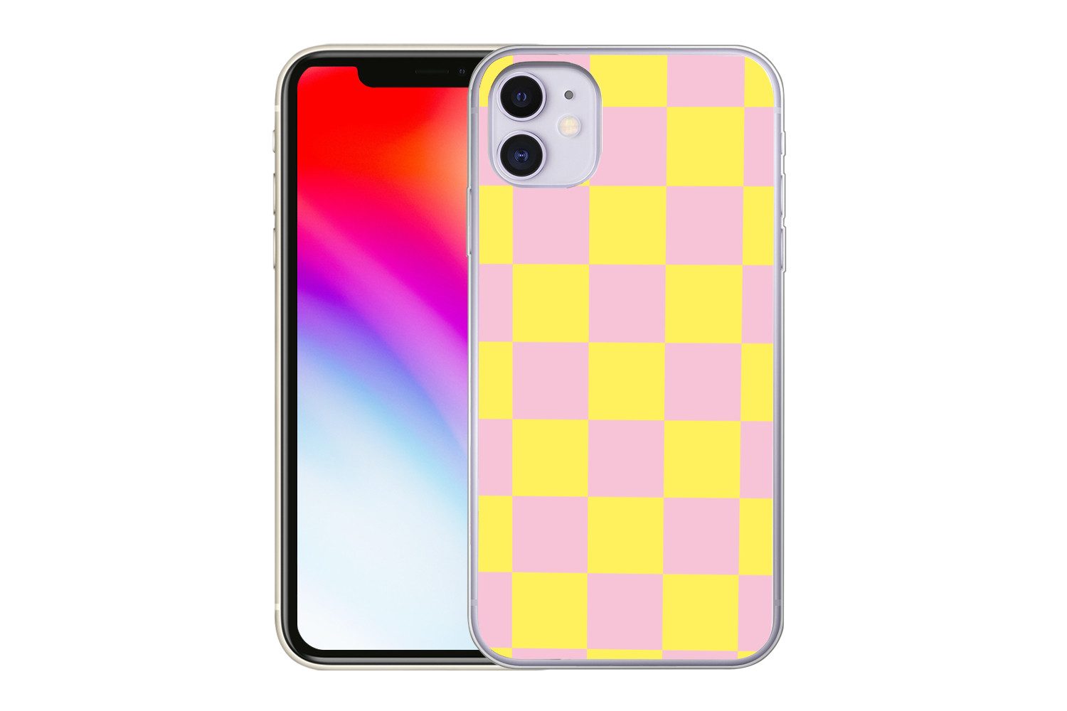 MuchoWow Handyhülle für Apple iPhone 11 Schachbrettmuster - Gelb - Rosa - Würfel, Smartphone-Bumper, Print, Handy Schutzhülle Dünn
