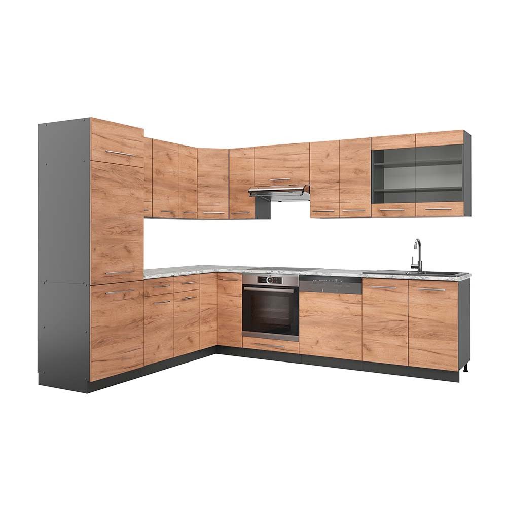 Vicco Winkelküche Fame-Line, Goldkraft Eiche/Anthrazit, 227 x 287 cm, AP Marmor