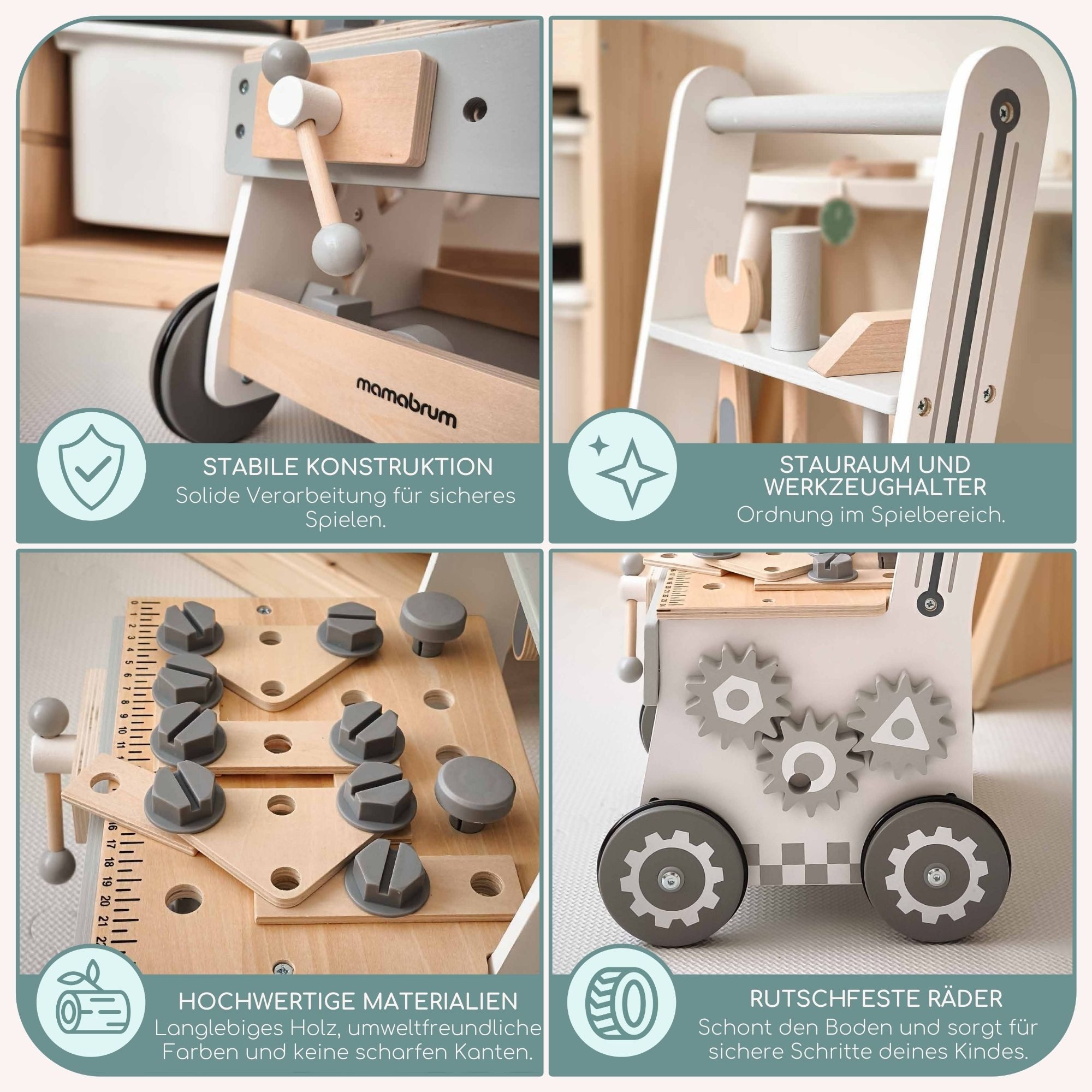 Mamabrum Lauflernwagen 3-in-1-Walker aus Holz, Holzspielzeug für motorische Entwicklung – Bild 4 von 5