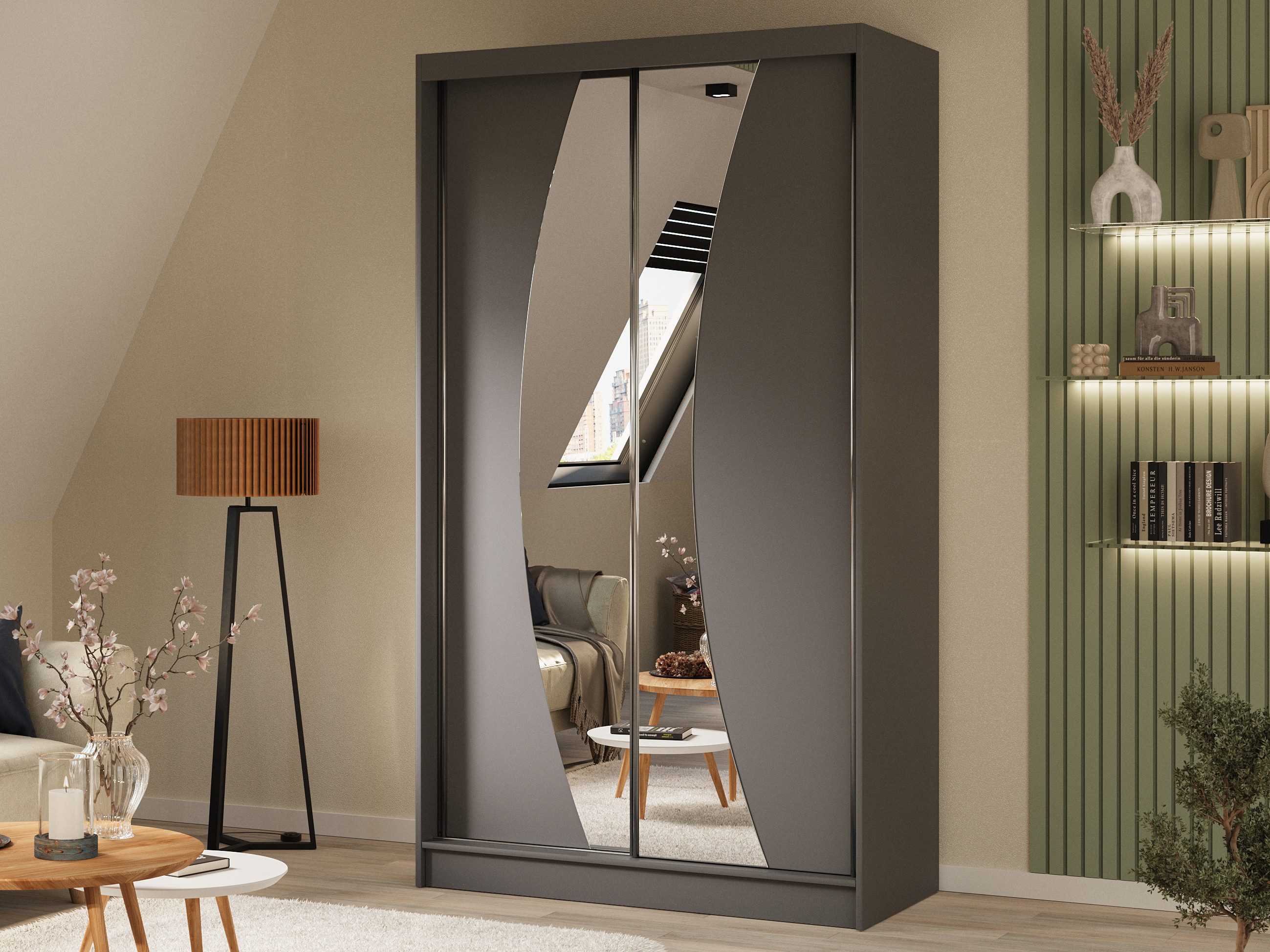 Beautysofa Schiebetürenschrank VOX II mit Spiegel & Schubladen (Schrank modern groß Schiebetüren mit Einlegeböden Kleiderstange, Kleiderschrank Schwebetürenschr – Bild 2 von 5
