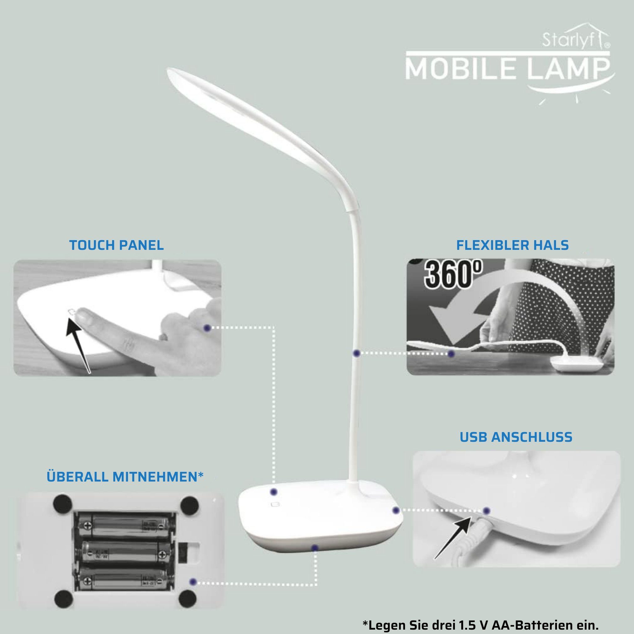Starlyf LED Leselampe Mobile 3 USB, Lamp®, Stufen LED 3 schwenkbar, integriert, fest Leselicht, mit und kabellose Tischleuchte Leuchtstärken LED Tageslichtweiß