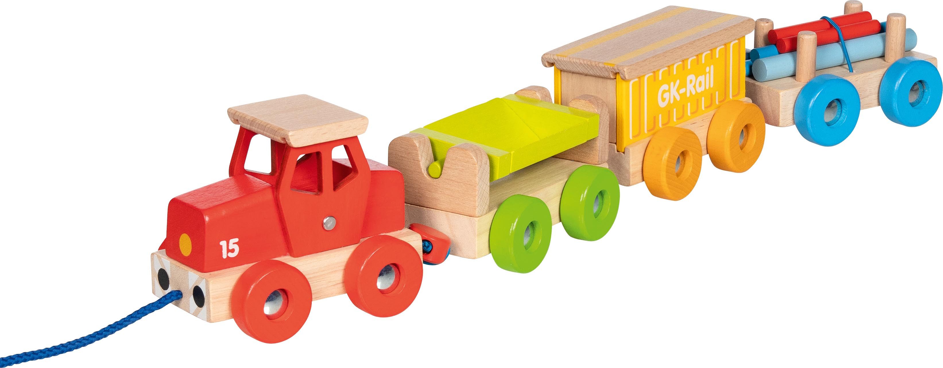 Spielzeug-Zug Güterzug GK-Rail – aus Holz, Lok + 3 Waggons, zum Beladen und Ziehen