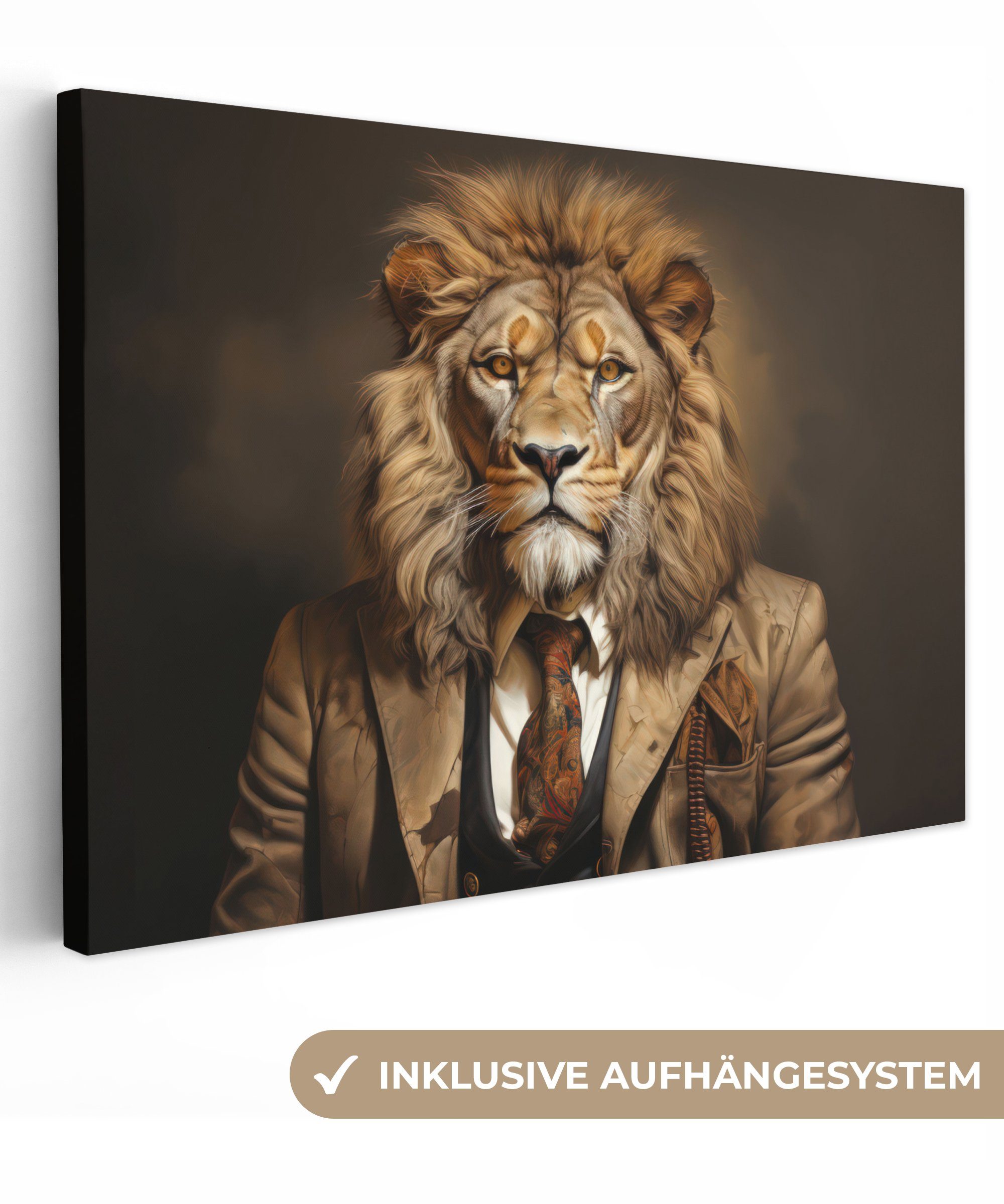 OneMillionCanvasses® Leinwandbild Vintage - Löwe - Anzug - Tiere - Dunkel, Fotodruck (1 St), Leinwand Bilder Klein, Wand Dekoration Aesthetic 30x20 cm