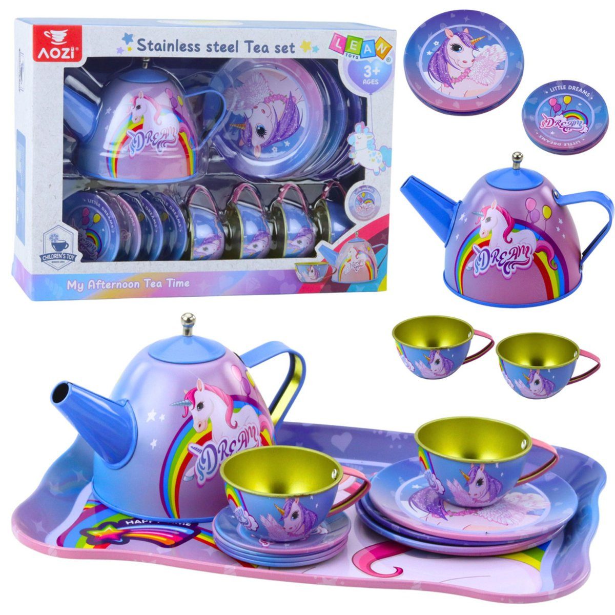Wisam Kinder-Küchenset Kinder-Teeservice aus Metall mit Tassen, Teekanne und Tablett Einhorn