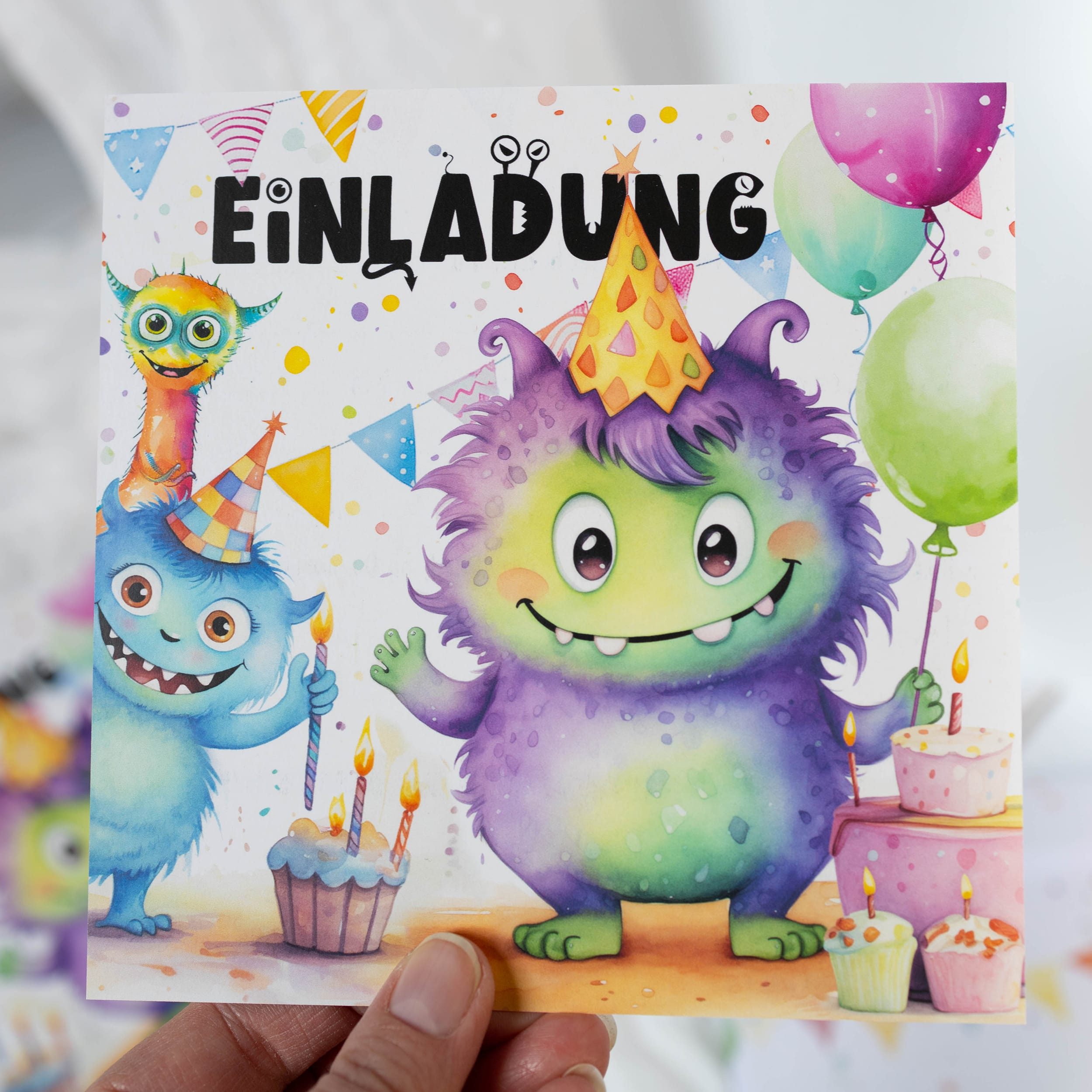 TOBJA Einladungskarten XXL 10 Monster-Einladungskarten mit Stickern, Kindergeburtstag Junge Geburtstag Einladung Kinder