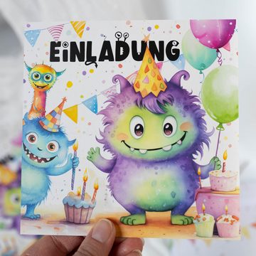 TOBJA Grußkarte XXL Monster-Einladungskarten mit Stickern, Kindergeburtstag Junge Geburtstag Einladung Kinder