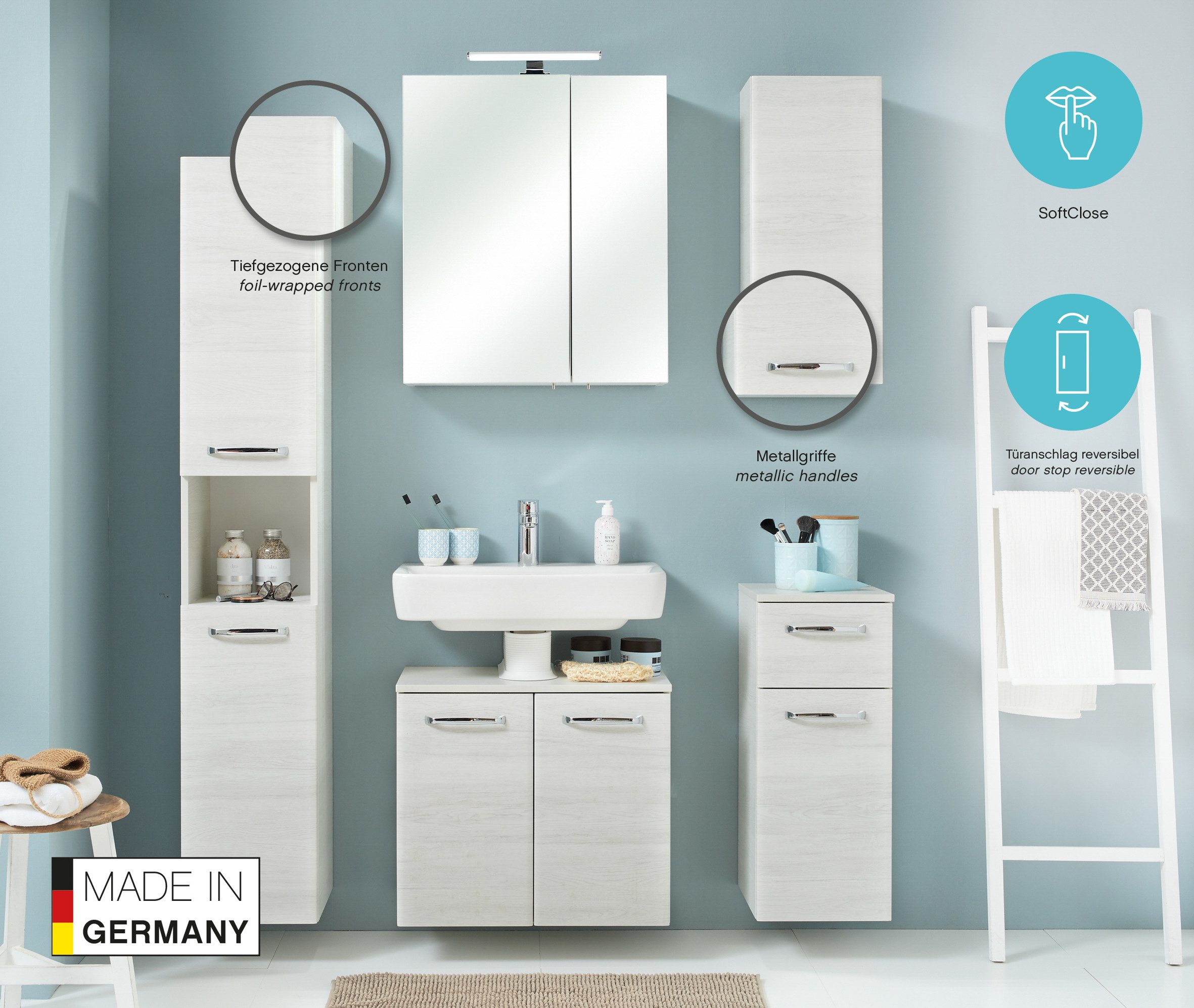 Saphir Hängeschrank Quickset Wand-Badschrank 30 cm breit mit 1 Tür und 2 Glas-Einlegeböden Badezimmer-Hängeschrank inkl. Türdämpfer, Griffe in Chrom Glanz – Bild 3 von 5