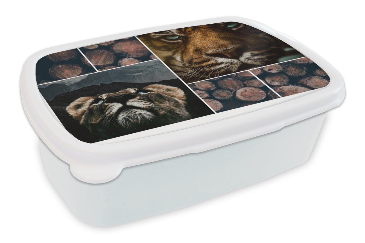 MuchoWow Lunchbox Collage - Tiger - Holz, Kunststoff, (2-tlg), Brotbox für Kinder und Erwachsene, Brotdose, für Jungs und Mädchen weiß